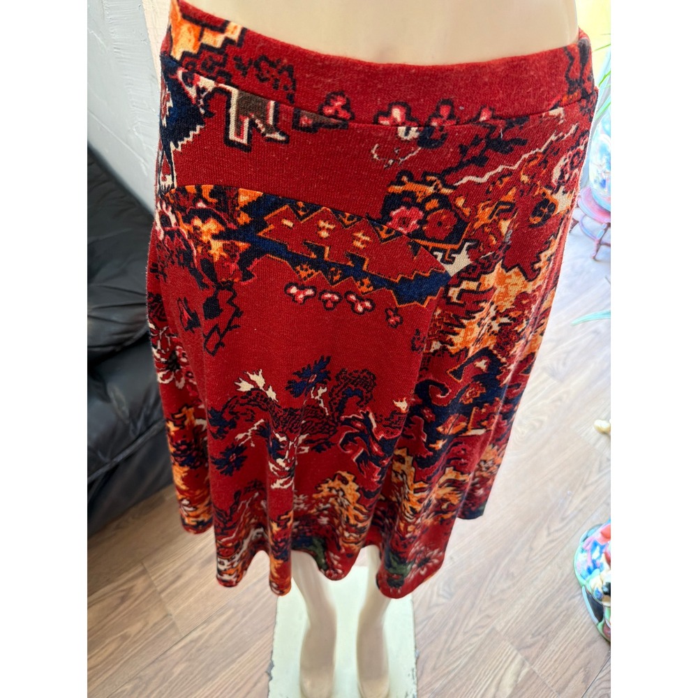 Chelsea & Theodore Red Kilim Tapestry Print Knit Midi Skirt  Size 8 Bohemian
